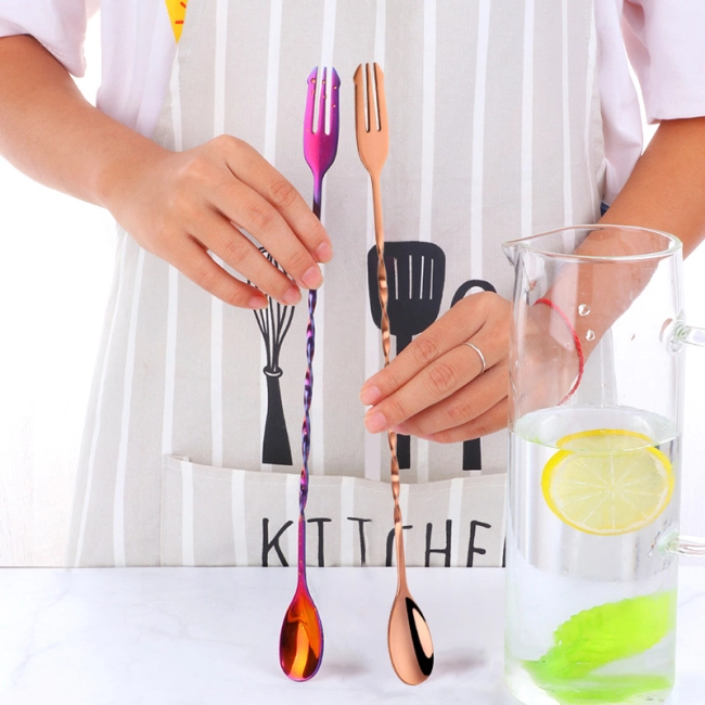 барная ложка с вилкой для коктейлей