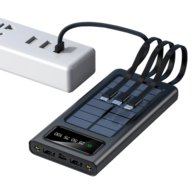 power bank с кабелями на солнечной батарее